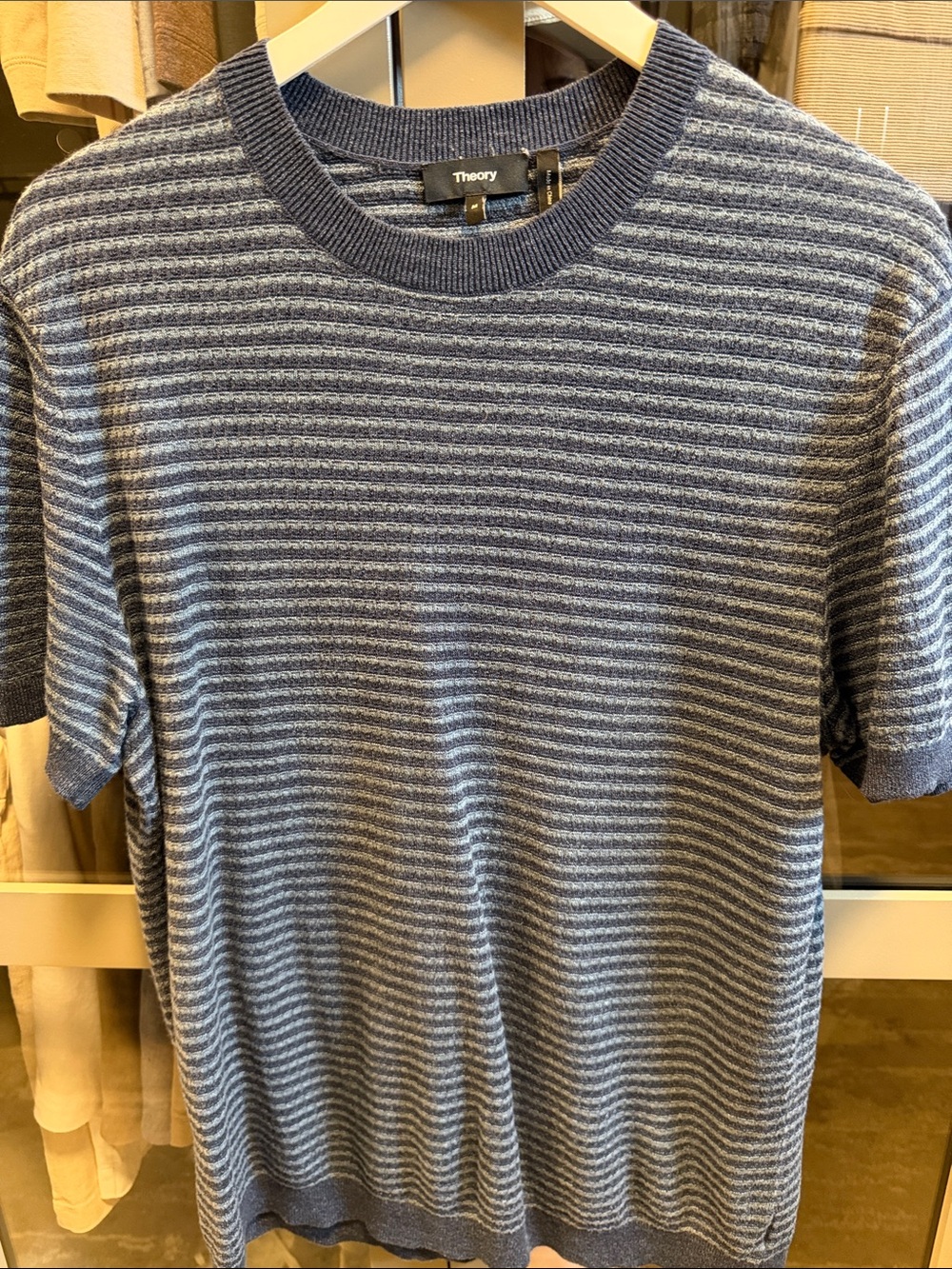 Theory Men’s Navy and Light Blue Striped Knit Tee